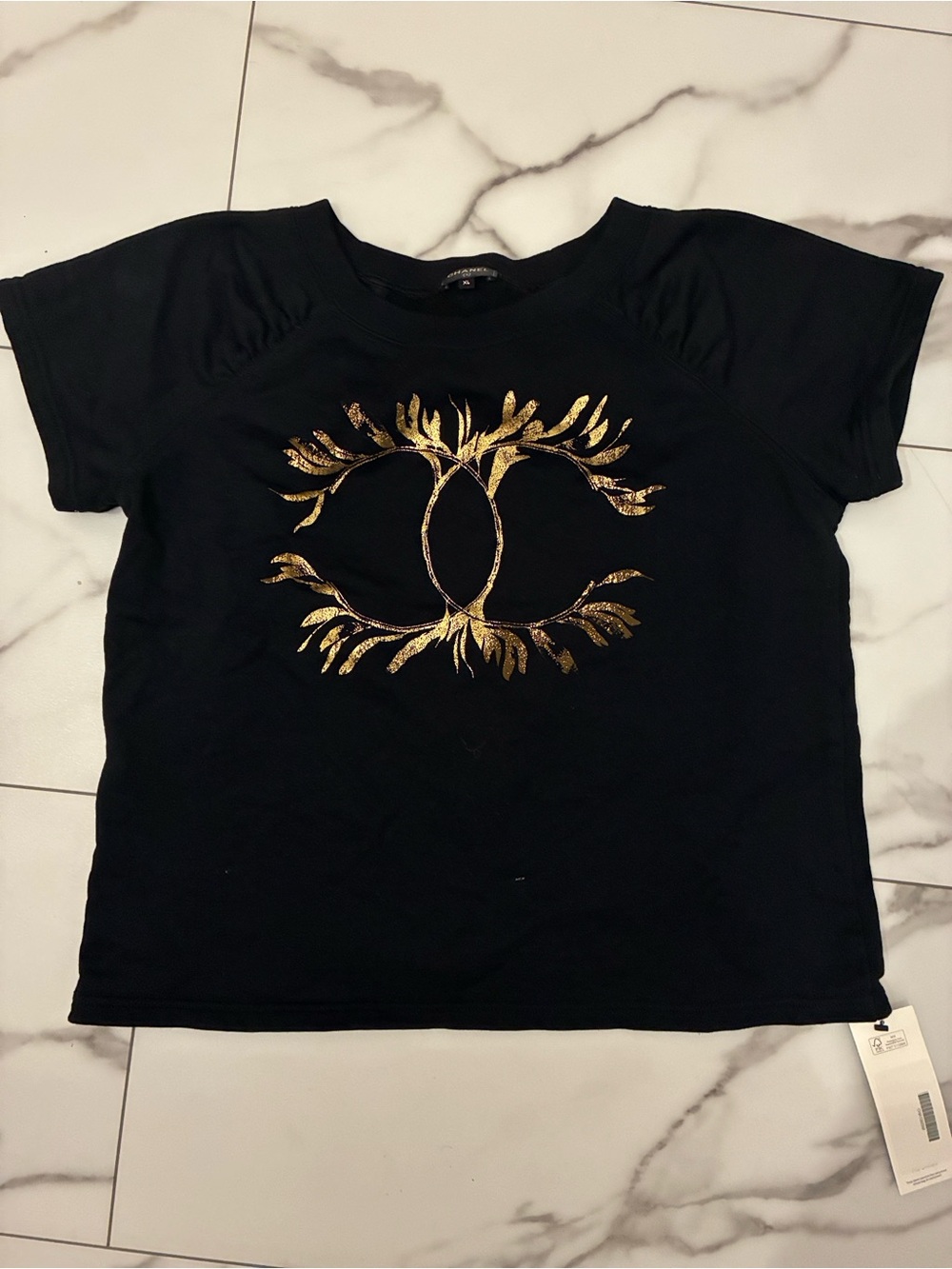 Chanel Black Tee With Gold Logo Accent